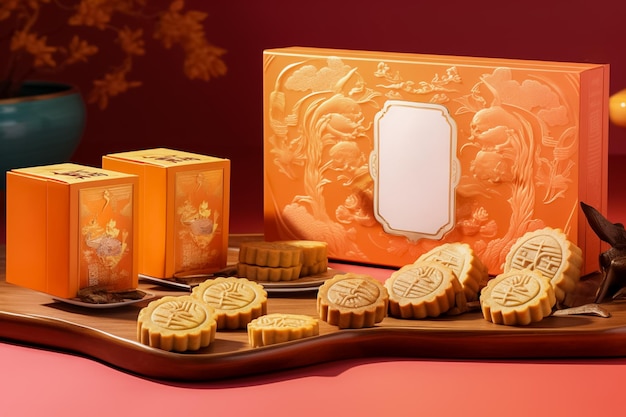 Design del packaging del mooncake del festival di metà autunno. Concetto di festival tradizionale cinese Ai generato