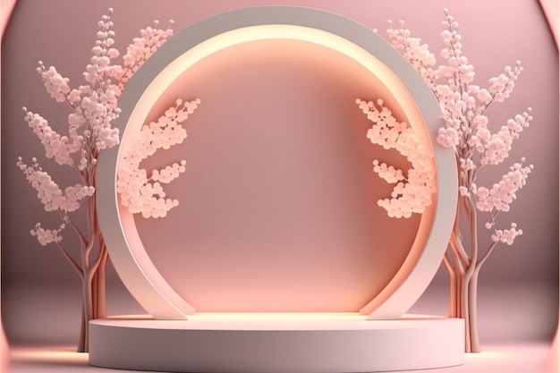Design del podio con display vuoto in forme ovali e cubiche davanti al fiore di sakura decorato