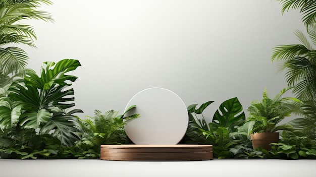 Design del podio per esposizione di prodotti o stand di prodotti con ornamenti a foglia e sfondo minimalista
