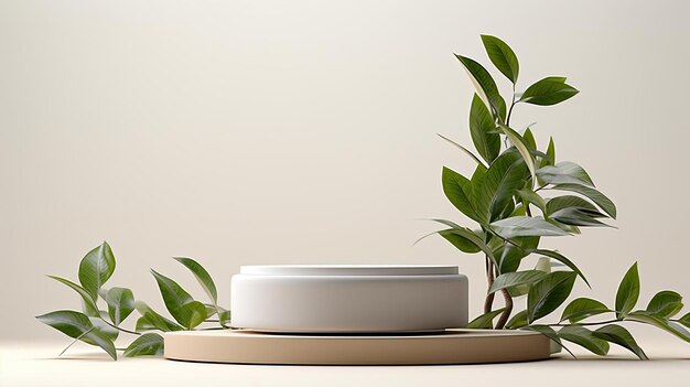 Design del podio per esposizione di prodotti o stand di prodotti con ornamenti a foglia e sfondo minimalista