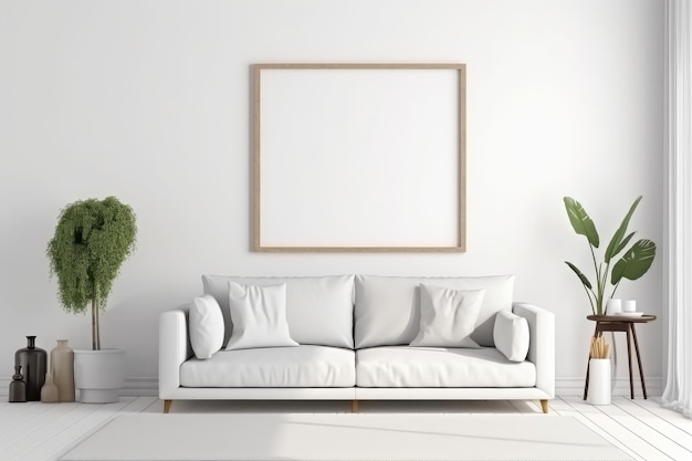 Design del soggiorno bianco con cornice mockup generata dall'intelligenza artificiale