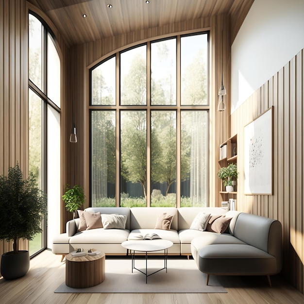 Design del soggiorno caratterizzato da una grande finestra Divano beige caldo e pannelli in legno Generative AI