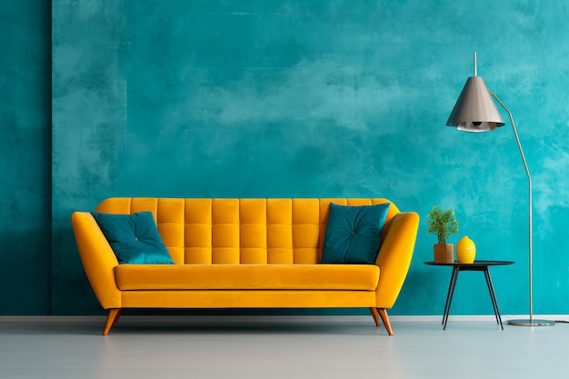 Design del soggiorno retrò ispirato con un elegante divano azzurro abbinato a un vibrante accento giallo