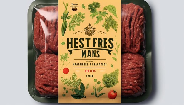 Design dell'etichetta per l'imballaggio di carne vegana macinata utilizzando erbe e foglie
