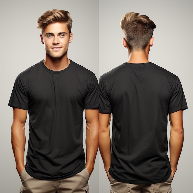 Design della camicia e concetto di persone primo piano di giovane uomo in maglietta nera vuota davanti e dietro isolato
