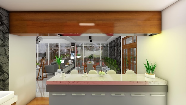 Design della cucina grigio e in legno con pavimento in marmo Cucina con tavolo da bar e sedie rendering 3D