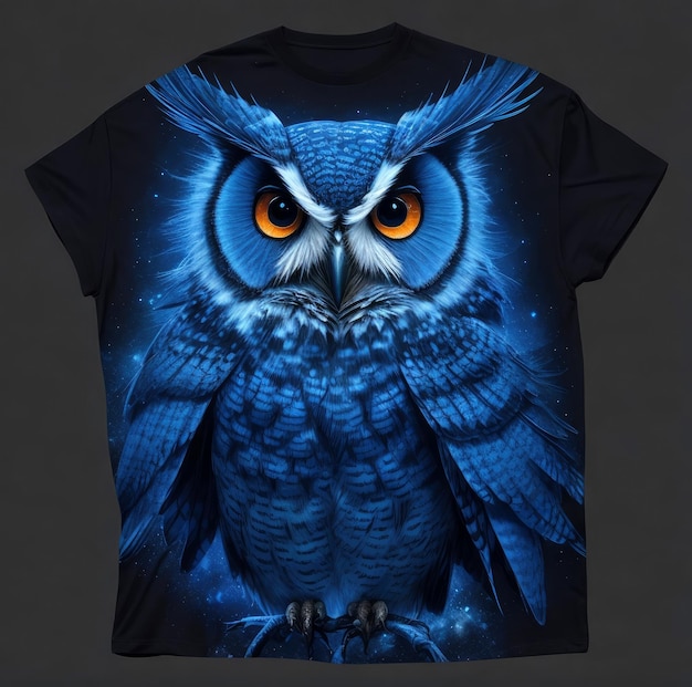 Design della maglietta con illustrazione del gufo blu cosmico e sfondo nero