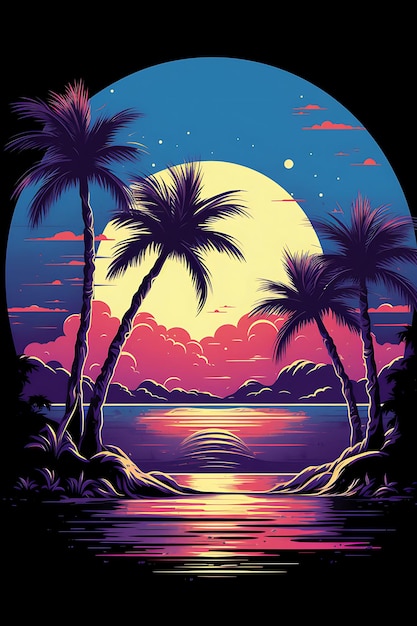 Design della maglietta di una spiaggia tropicale con una palma, acque turchesi, sole vibrante, inchiostro piatto 2D