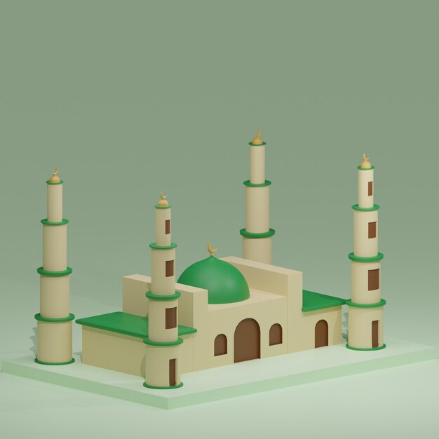 Design della moschea 3d low poly in stile mediorientale con sfondo verde