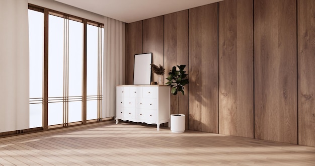 Design della parete su un soggiorno vuoto deisgn giapponese con rendering 3D del pavimento in legno giapponese