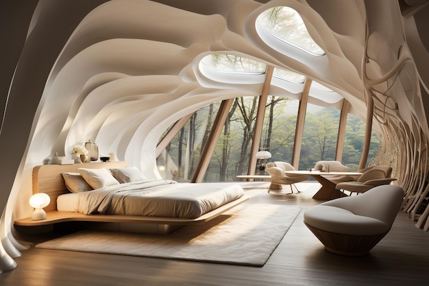 Design della stanza futura layout moderno modernizzato casa camera da letto aspetto alternativo e geometria della struttura geometria astratta dell'alloggiamento futuro semplicità creatività minimalismo raffinatezza