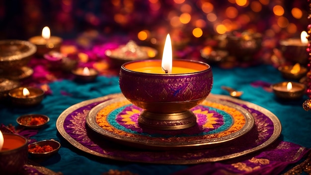 Design dello sfondo Diwali con lampada Diya caratterizzata da un caleidoscopio di colori e motivi