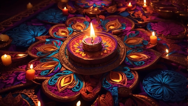 Design dello sfondo Diwali con lampada Diya caratterizzata da un caleidoscopio di colori e motivi