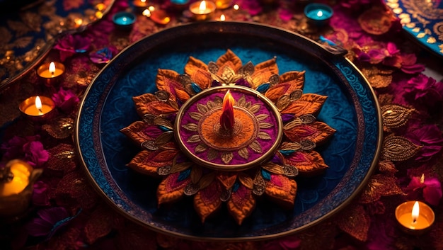 Design dello sfondo Diwali con lampada Diya caratterizzata da un caleidoscopio di colori e motivi