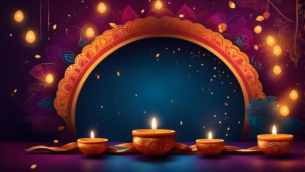 Design dello sfondo Diwali con lampada Diya caratterizzata da un caleidoscopio di colori e motivi