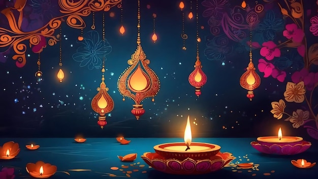 Design dello sfondo Diwali con lampada Diya caratterizzata da un caleidoscopio di colori e motivi