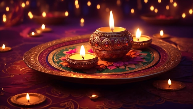 Design dello sfondo Diwali con lampada Diya caratterizzata da un caleidoscopio di colori e motivi