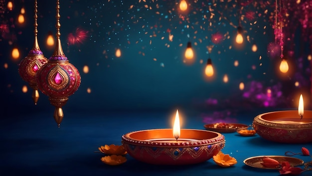 Design dello sfondo Diwali con lampada Diya caratterizzata da un caleidoscopio di colori e motivi