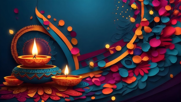 Design dello sfondo Diwali con lampada Diya caratterizzata da un mix dinamico di trame e tonalità