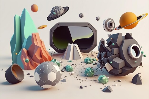 Design dello spazio con pianeti 3d realistici e asteroidi spaziali e comete giochi di occhiali virtuali e gamepad generato dall'intelligenza artificiale