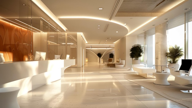 Design dello spazio per uffici in stile minimalista moderno Ampio spazio e richiede un'atmosfera di fascia alta e ampi angoli di visione Grandi aree del soffitto e delle pareti sono bianche