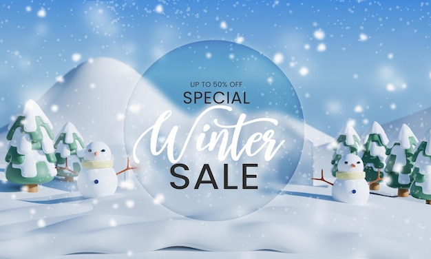 design di banner di vendita invernale per il sito web Snowman home and pine with snowfall mountain background