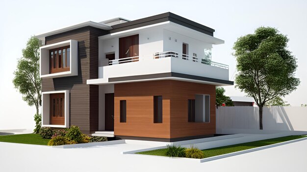 Design di casa moderna di lusso 3D con balcone immobiliare isolato su sfondo bianco