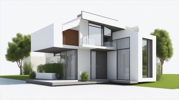 Design di casa moderna di lusso 3D con balcone immobiliare isolato su sfondo bianco