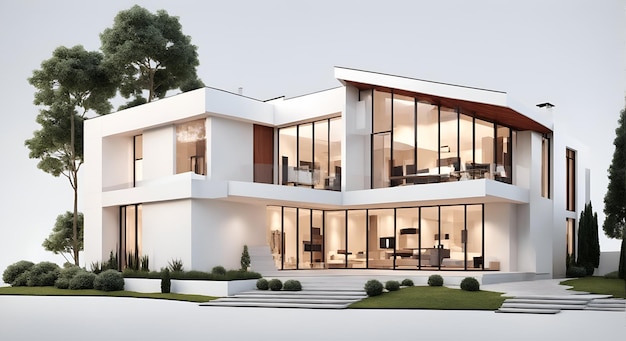 Design di casa moderna di lusso 3D con balcone immobiliare isolato su sfondo bianco