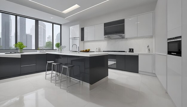 design di cucina elegante e minimalista con linee pulite e una combinazione di colori monocromatici