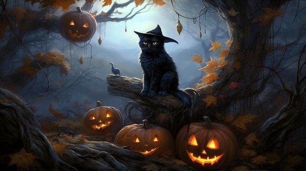 Design di Halloween con zucca e gatto nero Simpatico gatto britannico in costume da mago