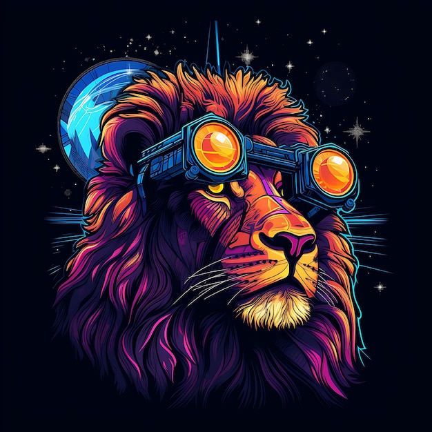 Design di Lion Safari Adventure Angular Neon Lines Binocoli Manes on Clipart Tshirt Design Glow