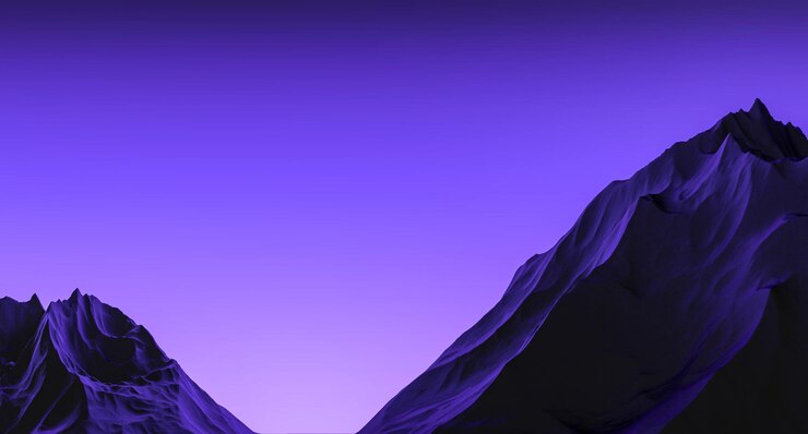 Design di montagne Pendio di montagna contro un cielo viola Pendio di montagna della scogliera su uno sfondo scuro viola porpora Concetto minimalista di design di montagna Rendering 3D