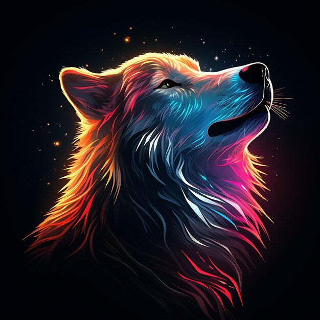 Design di Wolf Moonlit Night Curved Neon Lines Howling Moon Fur Patter Clipart Tshirt Design Glow