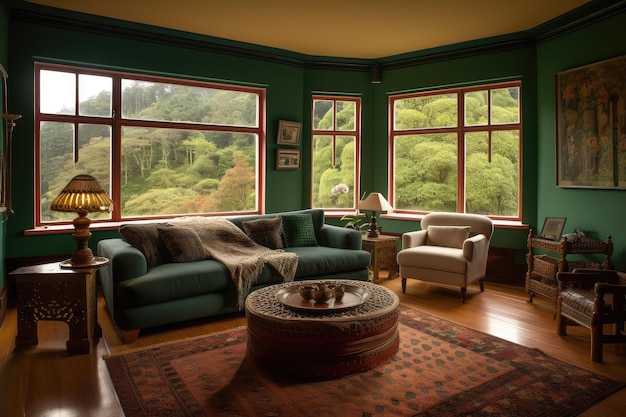 Design elegante degli interni del soggiorno con finestra con vista sulla foresta pluviale