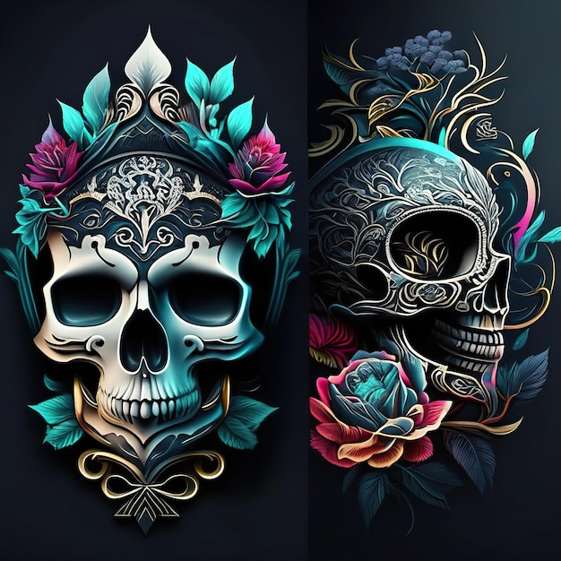 Design elegante del tatuaggio del cranio AI generativa