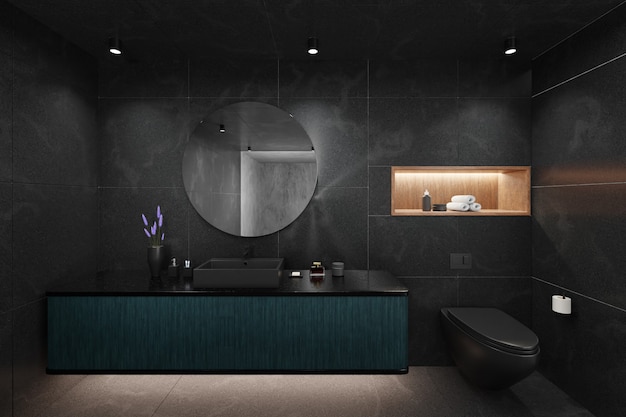 Design elegante nero dell'interno del bagno moderno. rendering 3d
