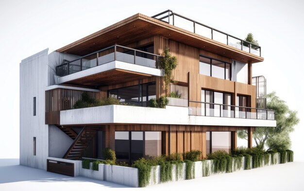 Design esterno della casa moderna con tetto verde e balcone isolato su sfondo bianco