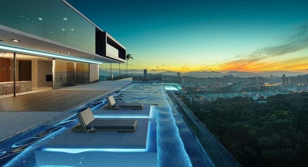 Design esterno della villa di lusso con uno splendido paesaggio all'alba presso il rendering 3d della piscina a sfioro