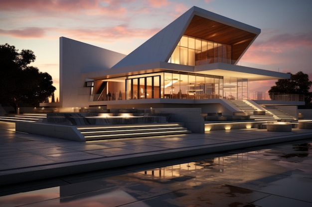 Design esterno di una casa moderna con un bellissimo tramonto