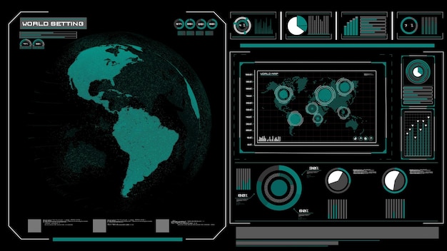 Design futuristico del display headup VR con rendering 3D della rete globale orbitale