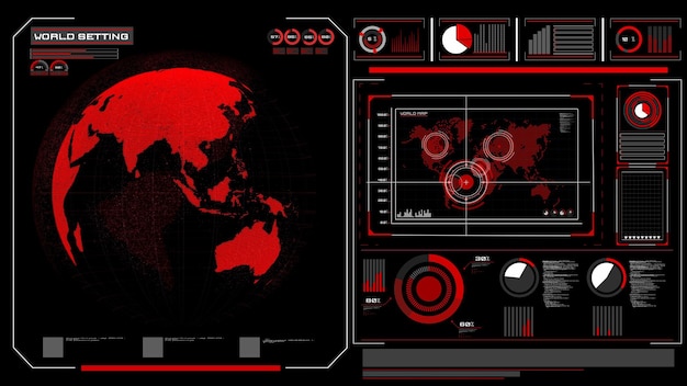 Design futuristico del display headup VR con rendering 3D della rete globale orbitale