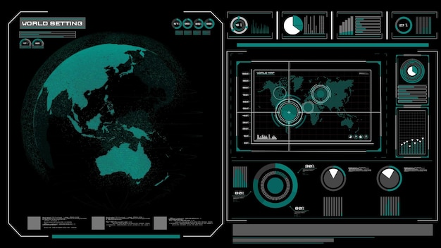 Design futuristico del display headup VR con rendering 3D della rete globale orbitale