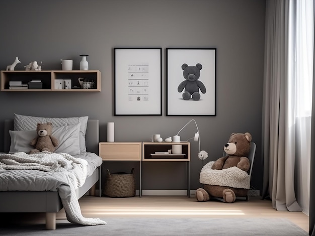 Design giocoso in una cameretta per bambini a tema grigio Generazione AI