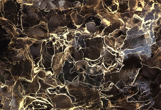 Design Gold Marbling Texture per poster, brochure, inviti, copertine, cataloghi. Tecnica astratta dell'inchiostro dell'alcool del fondo di lusso nero e oro. Pittura ad arte fluida.