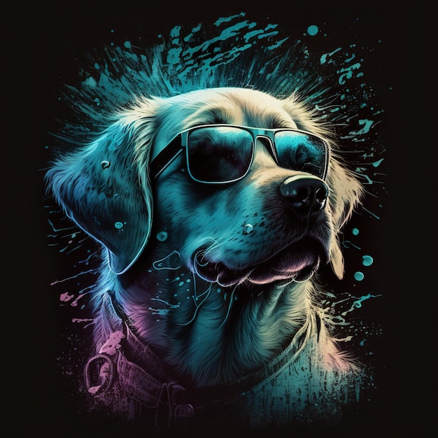 Design Golden Retriever con colori e occhiali su sfondo nero Tecnologia AI generativa