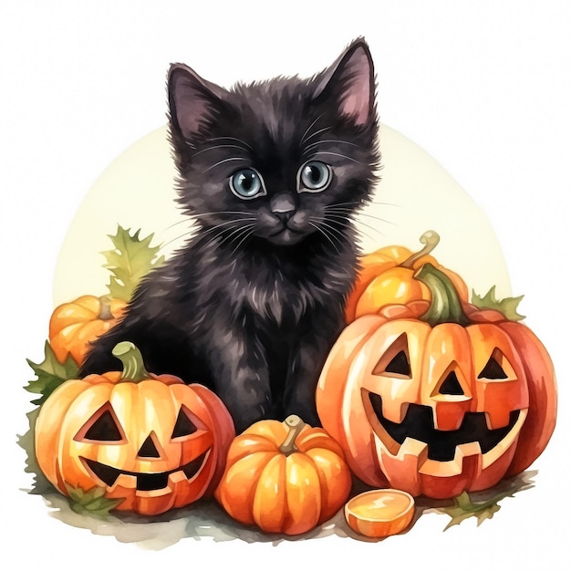 Design grafico artistico con gatto nero e zucca di Halloween