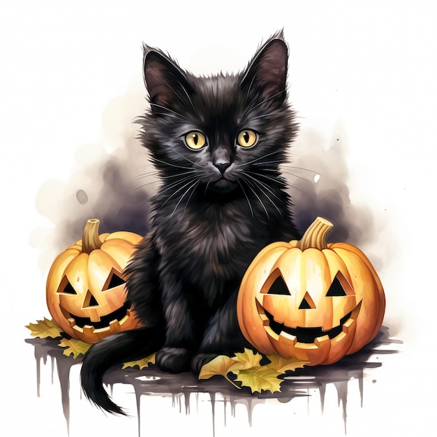 Design grafico artistico con gatto nero e zucca di Halloween