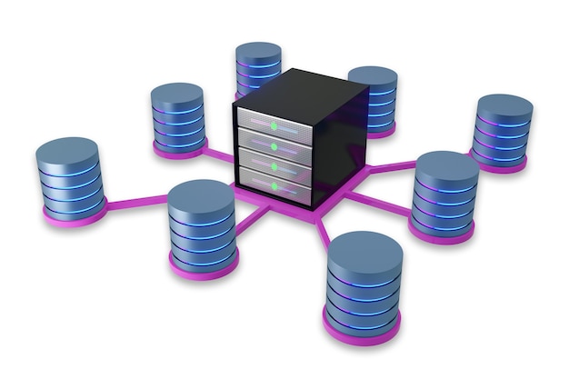 Design Hosting server rack container center around with database icon cylinder light glow pink blue color. 3D Illustration image.