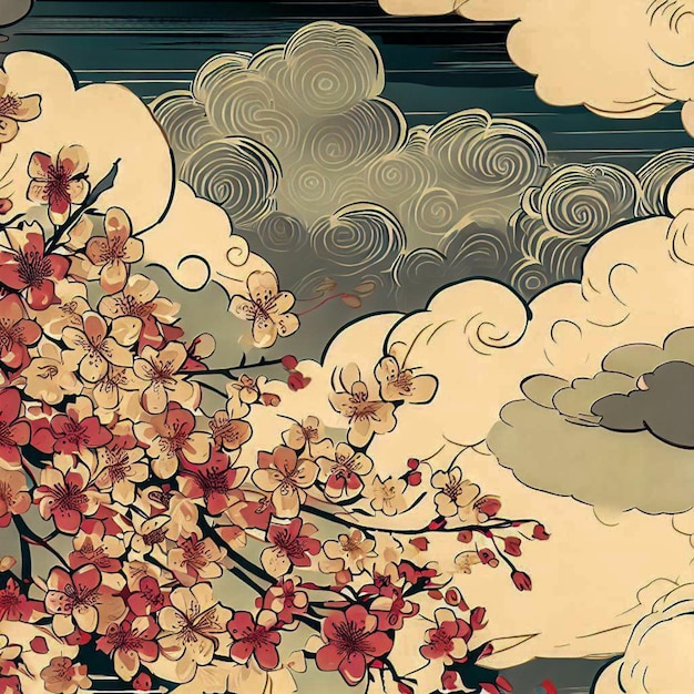 design in stile ukiyoe di fiori di ciliegio e nuvole